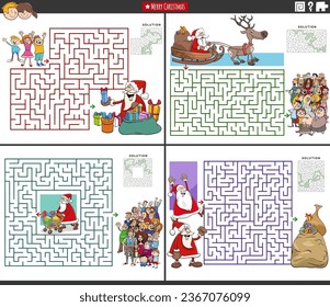 Cartoon illustration of educational maze puzzle activities set with Santa Claus and people on Christmas time