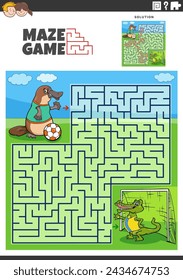 Cartoon illustration of educational maze puzzle activity with animal characters playing soccer