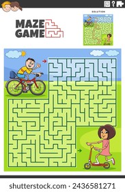 Cartoon illustration of educational maze puzzle activity with boy on a bike girl on a scooter