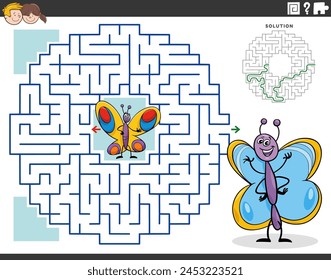 Cartoon illustration of educational maze puzzle game for children with funny butterflies insects animal characters