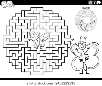 Cartoon illustration of educational maze puzzle game for children with funny butterflies insects animal characters coloring page