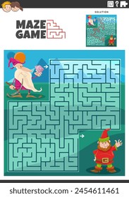 Cartoon illustration of educational maze puzzle game with two dwarfs fantasy characters