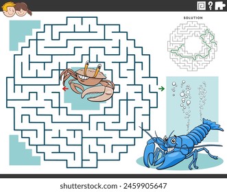 Cartoon illustration of educational maze puzzle game for children with crab and crayfish animal characters