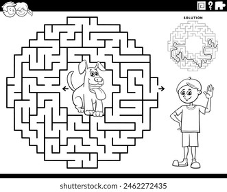 Cartoon-Illustration von Bildungs-Labyrinth-Puzzle-Spiel für Kinder mit Teenager-Junge und seine Welpen-Färbung Seite