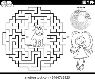 Cartoon illustration of educational maze puzzle game for children with little girl and her puppy coloring page
