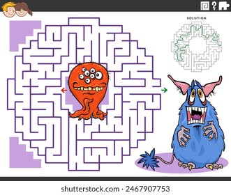 Cartoon illustration of educational maze puzzle game for children with funny monsters characters