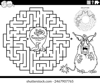 Cartoon illustration of educational maze puzzle game for children with funny monsters characters coloring page