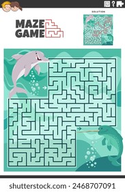 Cartoon illustration of educational maze puzzle game with dolphin and narwhal marine animal characters