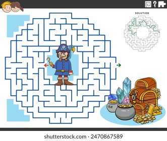 Cartoon illustration of educational maze puzzle game for children with pirate character and treasure