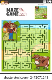 Cartoon illustration of educational maze puzzle game with farmer and cow farm animal character