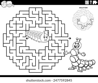 Cartoon illustration of educational maze puzzle activity with caterpillars characters coloring page