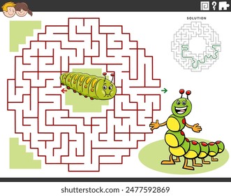 Cartoon illustration of educational maze puzzle activity with caterpillars characters