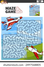 Ilustración de dibujos animados del juego educativo del rompecabezas del laberinto con los personajes de los aviones