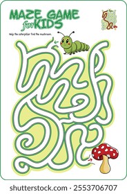 Cartoon illustration of an educational maze puzzle game for children. Help the caterpillar find the mushroom.