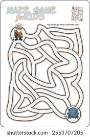 Cartoon illustration of an educational maze puzzle game for children. Find the way through the maze and help Grandpa get into his comfortable chair.