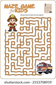 Cartoon illustration of an educational maze puzzle game for children. Help the fireman find his fire truck!