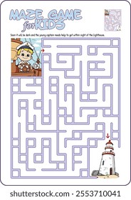 Cartoon illustration of an educational maze puzzle game for children. Help the captain navigate to the lighthouse.