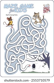 Cartoon illustration of an educational maze puzzle game for children. Help the mouse get to its house.