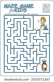 Cartoon illustration of an educational maze puzzle game for children. Help the princess find the parfume.