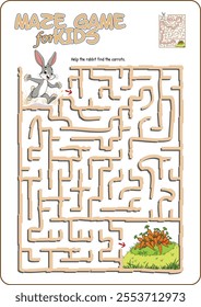 Cartoon illustration of an educational maze puzzle game for children. Help rabbit find the carrots.