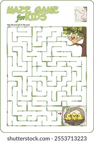 Cartoon illustration of an educational maze puzzle game for children. Help the bird get to the nest.
