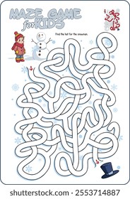 Cartoon illustration of an educational maze puzzle game for children. Find the hat for the snowman.