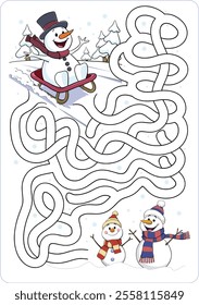 Cartoon illustration of an educational maze puzzle game for children. Snowman on the sled.