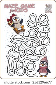 Cartoon illustration of an educational maze puzzle game for children. Penguin on the sled.