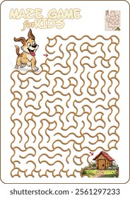 Cartoon illustration of an educational maze puzzle game for children. Dog running home.