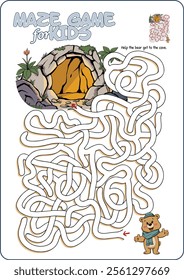 Cartoon illustration of an educational maze puzzle game for children. Bear looking for the cave.