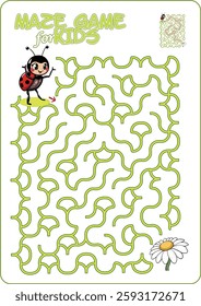 Cartoon illustration of an educational maze puzzle game for children. Help Ladybug find the flower.