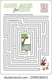 Cartoon illustration of an educational maze puzzle game for children. Help the little duck find the pond!
