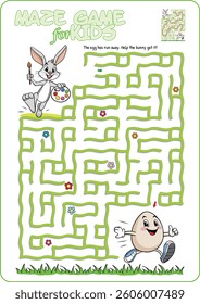 Cartoon illustration of an educational maze puzzle game for children. Help Bunny find the easter egg.