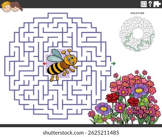 Cartoon illustration of educational maze puzzle activity with bee and flowers