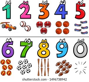 Cartoon Illustration of Educational Numbers Collection from One to Nine with Sport Objects