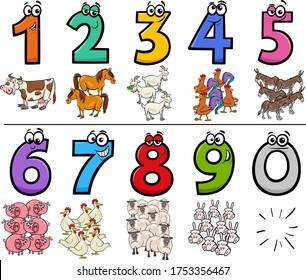 Cartoon Illustration Of Educational Numbers Collection From One To Nine With Funny Farm Animal Characters