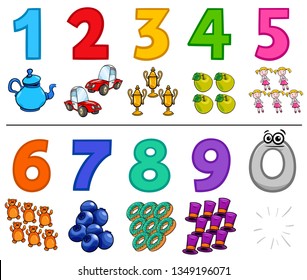 Cartoon Illustration of Educational Numbers Set from One to Nine with Objects