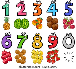 Cartoon Illustration of Educational Numbers Set from One to Nine with Fruits Food Objects