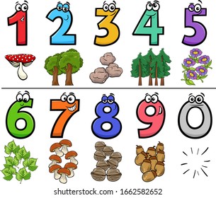 Cartoon Illustration of Educational Numbers Set from One to Nine with Nature Objects