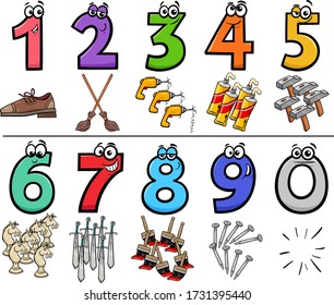 Cartoon Illustration of Educational Numbers Set from One to Nine with Objects