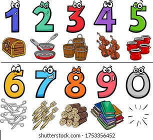 Cartoon Illustration of Educational Numbers Set from One to Nine with different Objects