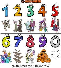Cartoon Illustration of Educational Numbers Set from One to Nine with Halloween Characters