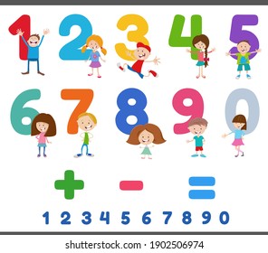 Cartoon illustration of educational numbers set from one to nine with funny children characters