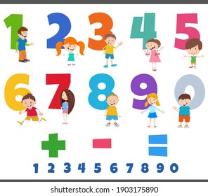Cartoon illustration of educational numbers set from one to nine with happy children characters