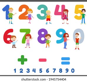 Cartoon illustration of educational numbers set from one to nine with cute children characters