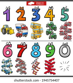 Ilustración de dibujos animados de números educativos de uno a nueve con vehículos de transporte