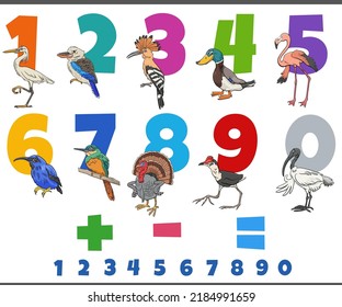 Cartoon illustration of educational numbers set from one to nine with birds animal characters