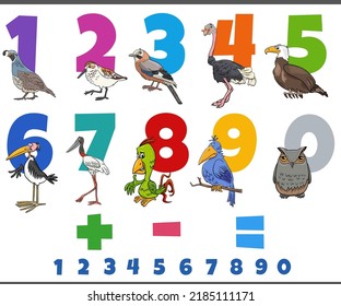 Cartoon illustration of educational numbers set from one to nine with comic birds animal characters