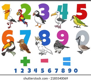 Cartoon illustration of educational numbers set from one to nine with comic birds animal characters