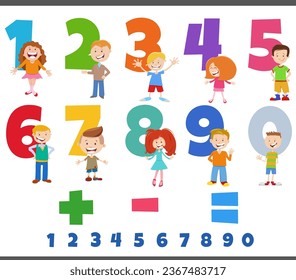 Cartoon illustration of educational numbers set from one to nine with comic children characters